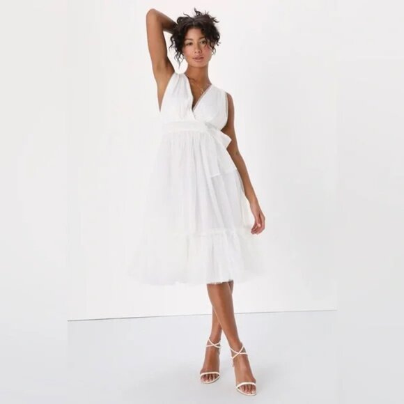 NWT Lulus Utmost Elegance White Swiss Dot Sleeveless Tiered Midi Dress - Picture 1 of 6